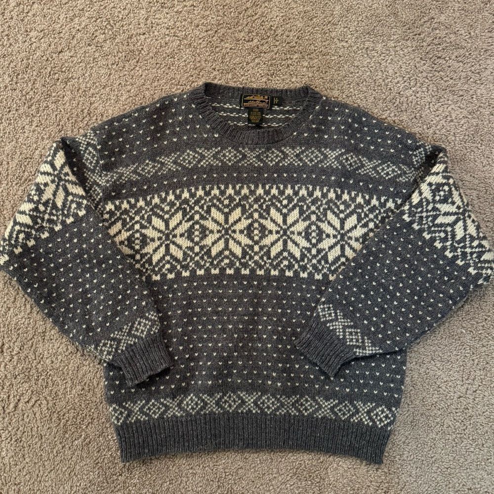 Vintage Women’s Eddie Bauer Wool Knit Sweater | Medium | Grey & Cream